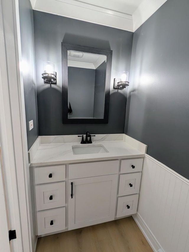 27W075 Fleming Dr, Winfield, IL 60190 - bathroom featuring wood finished floors, vanity, and a wainscoted wall