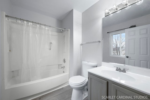 327 Persimmon Ln, Oswego, IL 60543 - bathroom with shower / bath combo with shower curtain, vanity, wood finished floors, and toilet