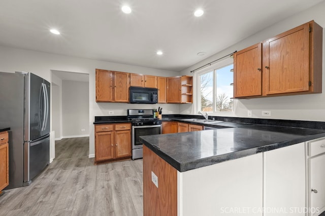 327 Persimmon Ln, Oswego, IL 60543 - kitchen with stainless steel appliances, a sink, a peninsula, open shelves, and recessed lighting