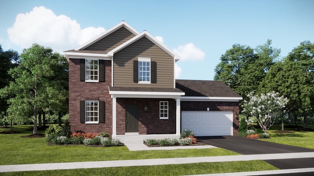 traditional-style house with brick siding, asphalt driveway, an attached garage, and a front yard