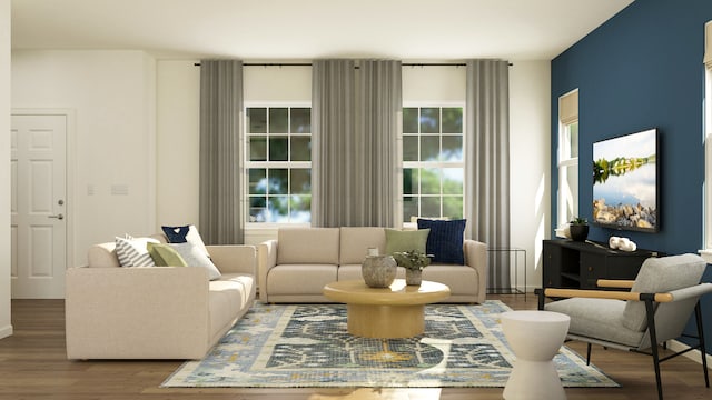 living area featuring wood finished floors and baseboards