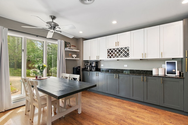 543 Blackhawk Dr, Lake In The Hills, IL 60156 - kitchen featuring white cabinetry, open shelves, a ceiling fan, recessed lighting, and light wood finished floors