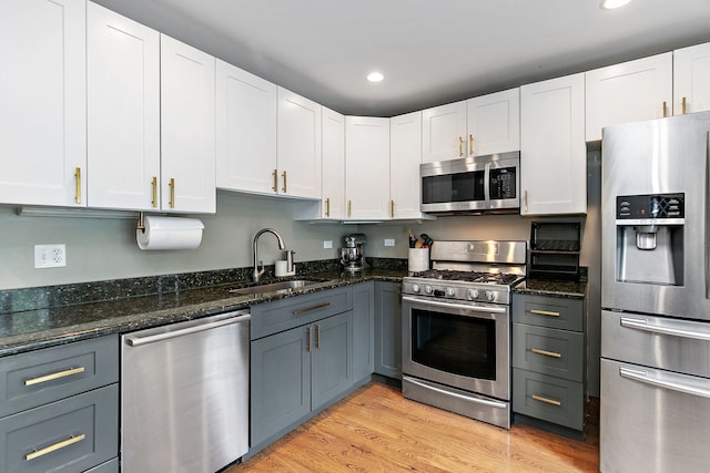 543 Blackhawk Dr, Lake In The Hills, IL 60156 - kitchen with stainless steel appliances, a sink, white cabinets, dark stone counters, and recessed lighting