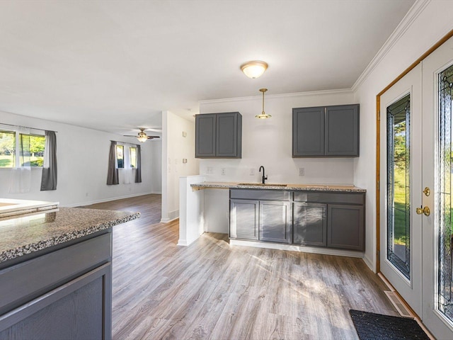 1659 Larchmont Rd, Davis, IL 61019 - kitchen featuring gray cabinetry, a sink, light wood finished floors, and a ceiling fan