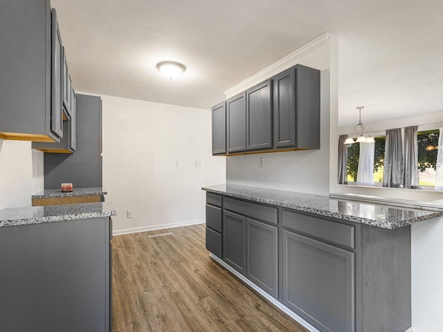 1659 Larchmont Rd, Davis, IL 61019 - kitchen featuring stone countertops, dark wood-style flooring, gray cabinets, and baseboards