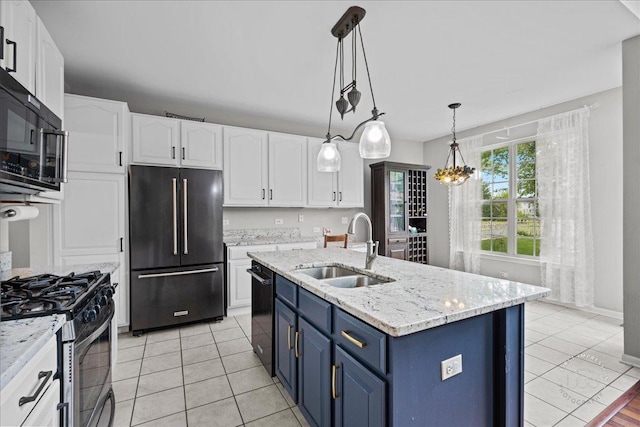 343 Diane Ct, Geneva, IL 60134 - kitchen featuring black appliances, a sink, blue cabinets, white cabinets, and light tile patterned floors