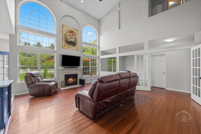 343 Diane Ct, Geneva, IL 60134 - living room featuring a fireplace with flush hearth, a towering ceiling, dark wood-style floors, and baseboards