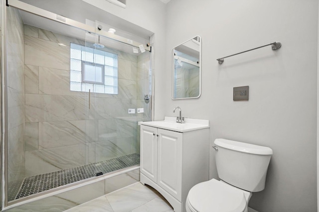 bathroom with toilet, a shower stall, and vanity