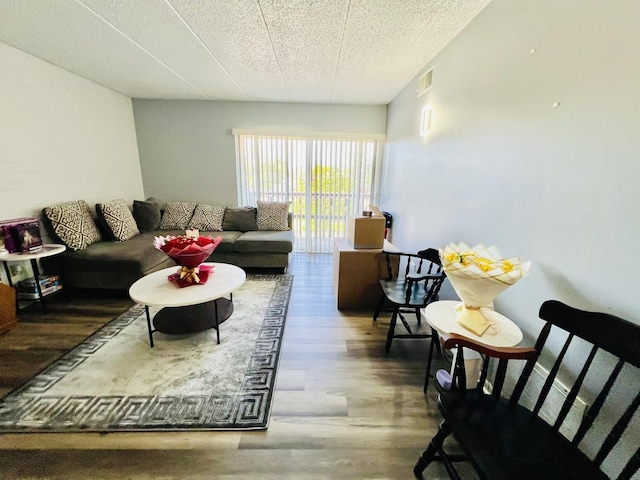 living room featuring wood finished floors and a textured ceiling