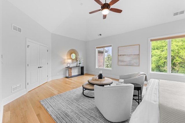 1410 W Newcastle Ct, Inverness, IL 60010 - bedroom with wood finished floors, baseboards, high vaulted ceiling, and ceiling fan