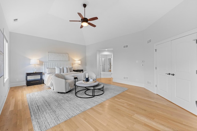 1410 W Newcastle Ct, Inverness, IL 60010 - bedroom with light wood-style floors, high vaulted ceiling, baseboards, a closet, and ceiling fan