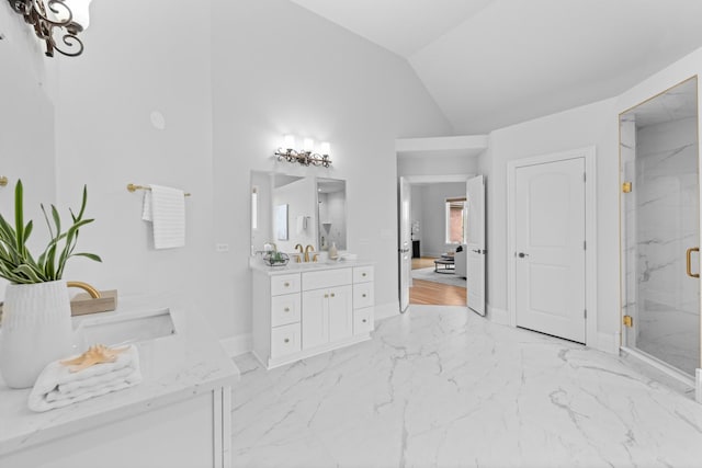 1410 W Newcastle Ct, Inverness, IL 60010 - bathroom with marble finish floors, a marble finish shower, two vanities, baseboards, and lofted ceiling