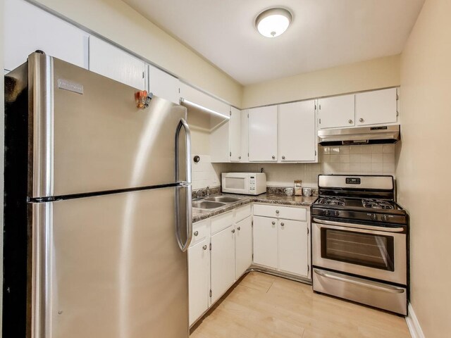 6660 S Brainard Ave Unit 103, Countryside, IL 60525 - kitchen with stainless steel appliances, under cabinet range hood, a sink, white cabinetry, and backsplash