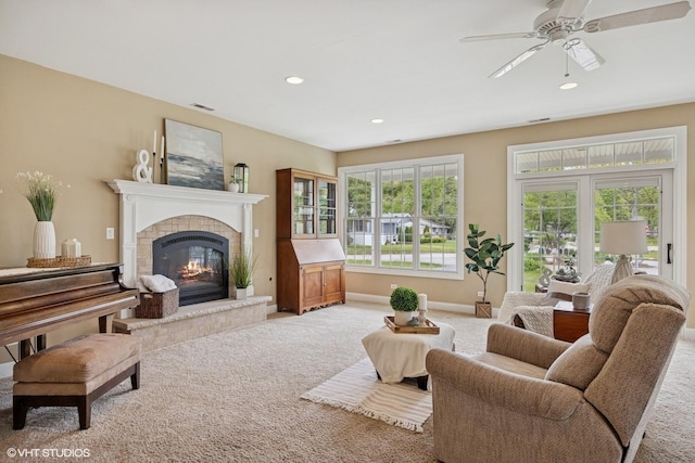 34017 N Prospect Dr, Grayslake, IL 60030 - carpeted living area with a glass covered fireplace, ceiling fan, recessed lighting, and baseboards