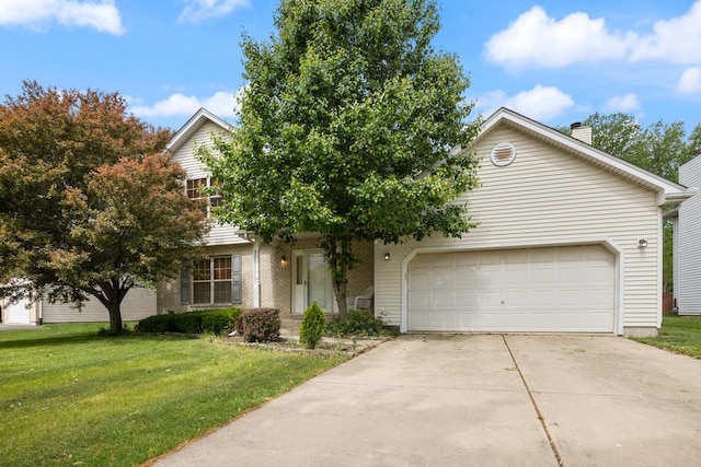 959 Campbell Dr, Naperville, IL 60563 - obstructed view of property featuring a garage, driveway, a front lawn, a chimney, and brick siding