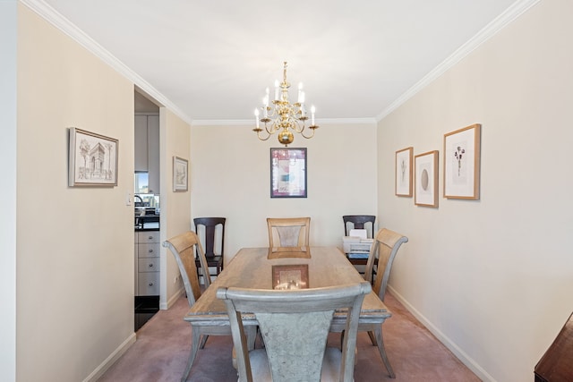 111 E Chestnut St Unit 33F, Chicago, IL 60611 - dining room featuring a chandelier, light colored carpet, ornamental molding, and baseboards