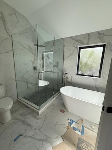 3811 W Pratt Ave, Lincolnwood, IL 60712 - full bathroom with marble finish floors, a marble finish shower, toilet, and a soaking tub