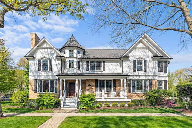 1100 Forest Ave, Wilmette, IL 60091 - view of front of home featuring covered porch, a front lawn, brick siding, and a chimney