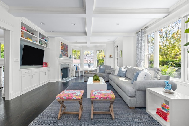 1100 Forest Ave, Wilmette, IL 60091 - living room featuring coffered ceiling, dark wood-style floors, beamed ceiling, crown molding, and recessed lighting