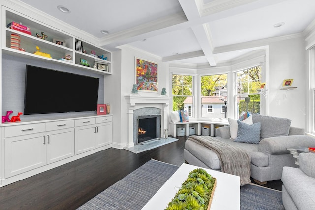 1100 Forest Ave, Wilmette, IL 60091 - living room with dark wood-style flooring, beam ceiling, a fireplace, coffered ceiling, and ornamental molding