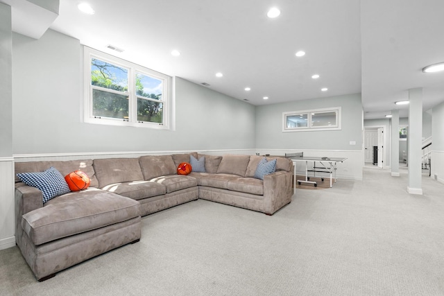 1100 Forest Ave, Wilmette, IL 60091 - living room featuring light carpet, recessed lighting, and baseboards