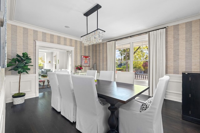 1100 Forest Ave, Wilmette, IL 60091 - dining room with wallpapered walls, plenty of natural light, a chandelier, wainscoting, and dark wood-style flooring