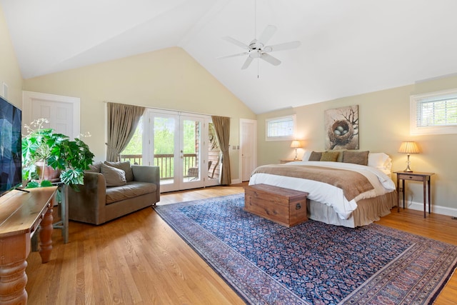 1040 Shermer Rd, Northbrook, IL 60062 - bedroom with access to outside, wood finished floors, high vaulted ceiling, ceiling fan, and french doors