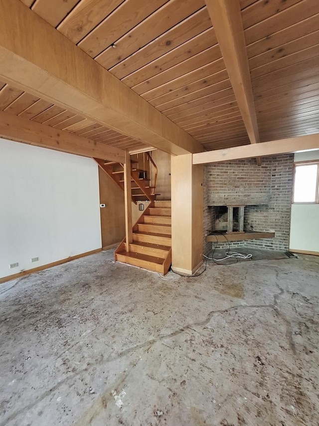 2065 Hickory Ln, Schaumburg, IL 60195 - unfurnished living room featuring stairs, a fireplace, wooden ceiling, and baseboards