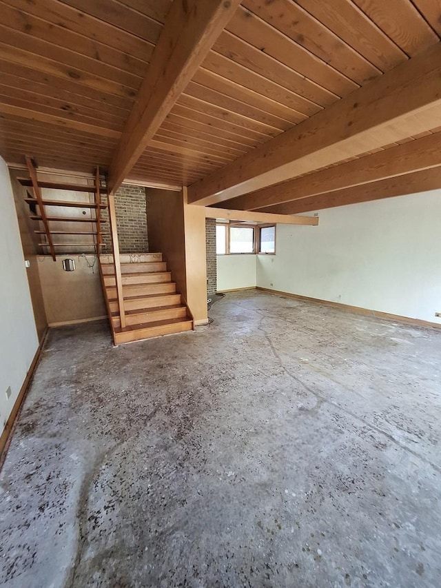 2065 Hickory Ln, Schaumburg, IL 60195 - unfurnished living room with stairway, baseboards, and beamed ceiling