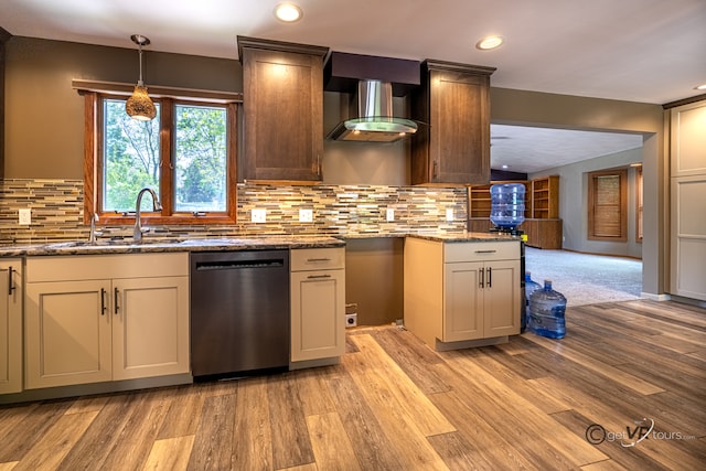 2031 W Winchester Dr, Freeport, IL 61032 - kitchen with dishwasher, a sink, light stone counters, light wood-style floors, and recessed lighting
