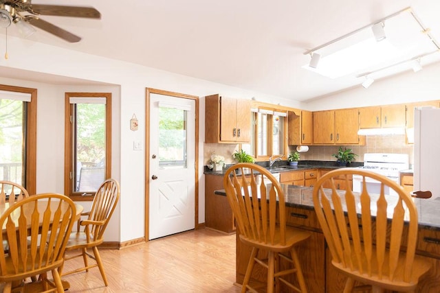 kitchen with track lighting, white appliances, decorative backsplash, light wood finished floors, and lofted ceiling