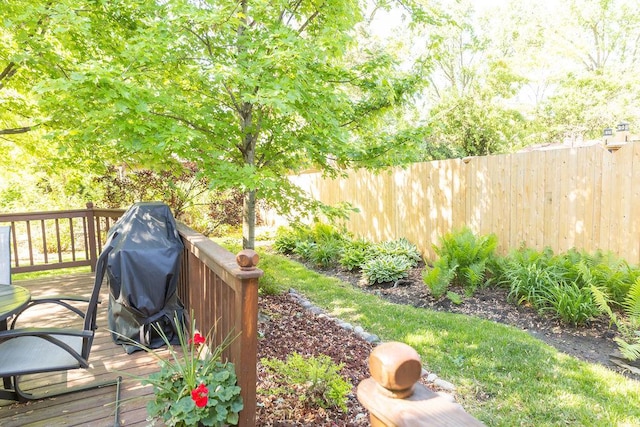 wooden terrace featuring fence and grilling area