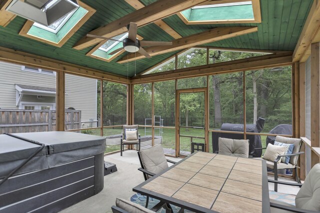 2S579 Partridge Rd, Batavia, IL 60510 - sunroom featuring a skylight, ceiling fan, and outdoor dining space