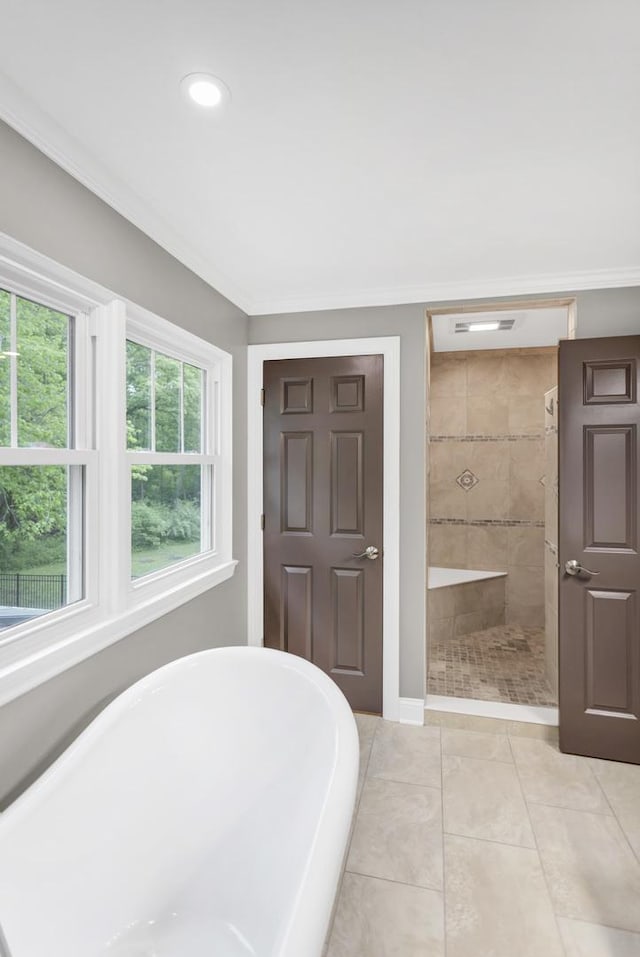 2S579 Partridge Rd, Batavia, IL 60510 - bathroom featuring a freestanding tub, a tile shower, crown molding, recessed lighting, and tile patterned floors