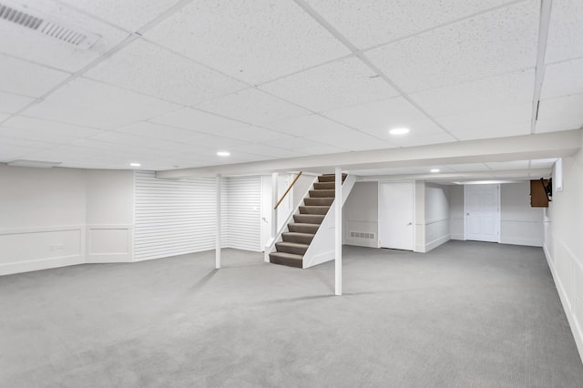 2S579 Partridge Rd, Batavia, IL 60510 - finished below grade area with stairway, carpet, a paneled ceiling, and recessed lighting