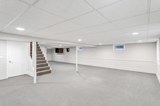 2S579 Partridge Rd, Batavia, IL 60510 - finished below grade area with stairway, carpet, a drop ceiling, and recessed lighting