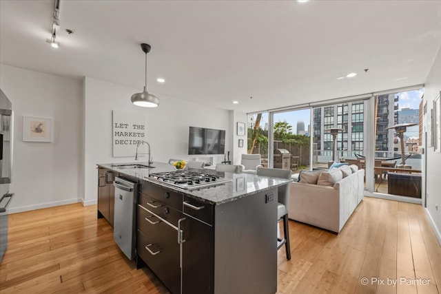 653 N Kingsbury St Unit 706, Chicago, IL 60654 - kitchen with stainless steel appliances, a sink, light wood-type flooring, recessed lighting, and open floor plan