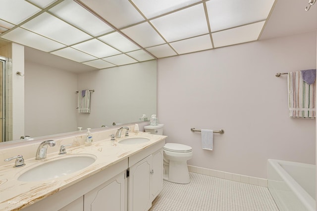 2 S Atrium Way Unit 407, Elmhurst, IL 60126 - full bath featuring toilet, tile patterned floors, a shower with door, double vanity, and a bathtub