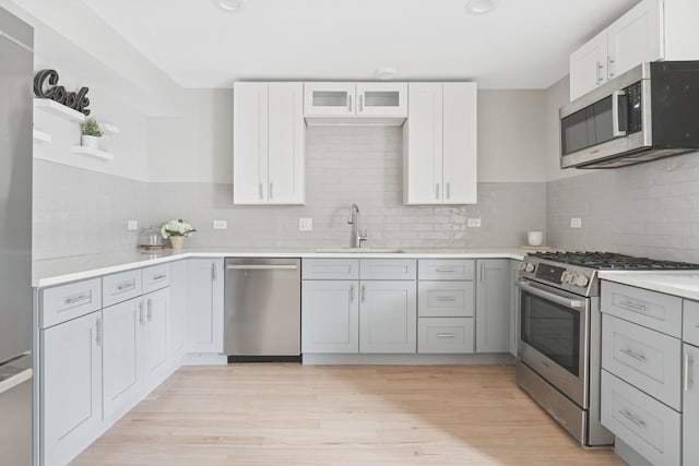 2534 W Haddon Ave, Chicago, IL 60622 - kitchen featuring stainless steel appliances, a sink, decorative backsplash, light countertops, and light wood-style floors