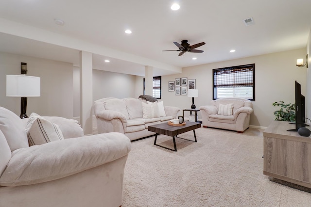 1811 Partridge Pt, Normal, IL 61761 - living area with light carpet, recessed lighting, a ceiling fan, and baseboards