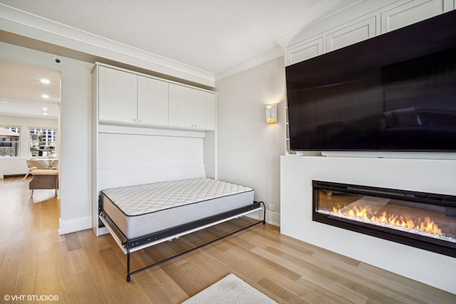 4300 N Marine Dr Unit 306, Chicago, IL 60613 - bedroom with light wood-type flooring, recessed lighting, baseboards, a glass covered fireplace, and ornamental molding
