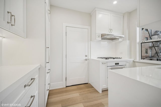 4300 N Marine Dr Unit 306, Chicago, IL 60613 - kitchen featuring under cabinet range hood, light wood-style floors, recessed lighting, white cabinetry, and light countertops