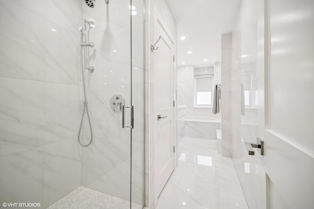 4300 N Marine Dr Unit 306, Chicago, IL 60613 - bathroom featuring a marble finish shower, marble finish floors, and recessed lighting