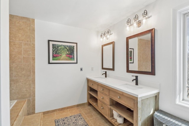 723 Beacon Dr, Lake Barrington, IL 60010 - full bath with double vanity, radiator, a relaxing tiled tub, and baseboards
