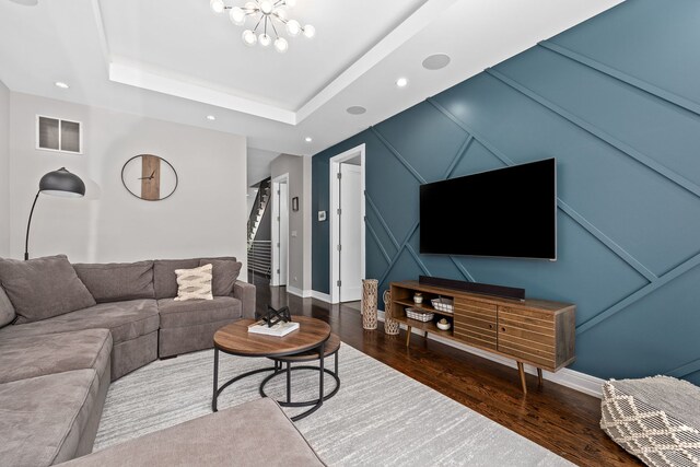 2629 W Homer St, Chicago, IL 60647 - living room featuring a decorative wall, wood finished floors, a chandelier, recessed lighting, and baseboards