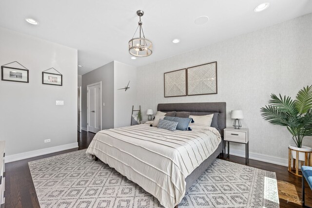 2629 W Homer St, Chicago, IL 60647 - bedroom featuring wood finished floors, baseboards, recessed lighting, wallpapered walls, and a chandelier