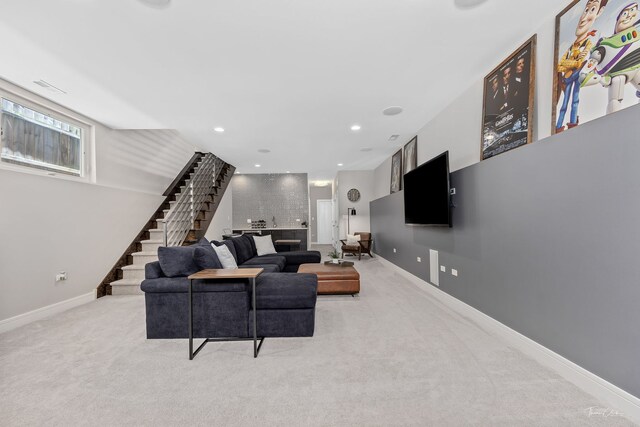2629 W Homer St, Chicago, IL 60647 - living area with stairway, carpet flooring, baseboards, and recessed lighting