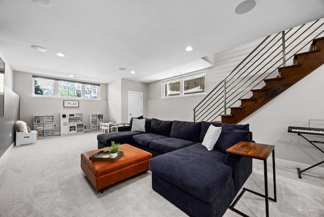 2629 W Homer St, Chicago, IL 60647 - carpeted living area with stairway, recessed lighting, and baseboards