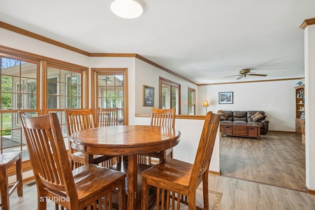 5808 Amherst Ct, Mchenry, IL 60050 - dining space featuring a ceiling fan, baseboards, light wood-style floors, and crown molding