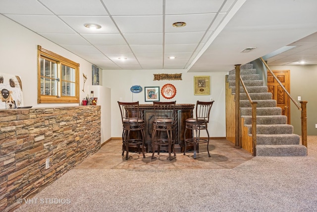 5808 Amherst Ct, Mchenry, IL 60050 - dining room featuring carpet, a dry bar, stairway, a drop ceiling, and recessed lighting